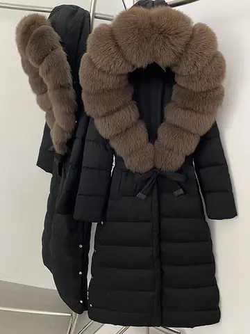 Oftbuy casaco de inverno com capuz, pato branco, grande, gola de pele de raposa real, jaqueta x-longa, parkas femininas grossas com cinto