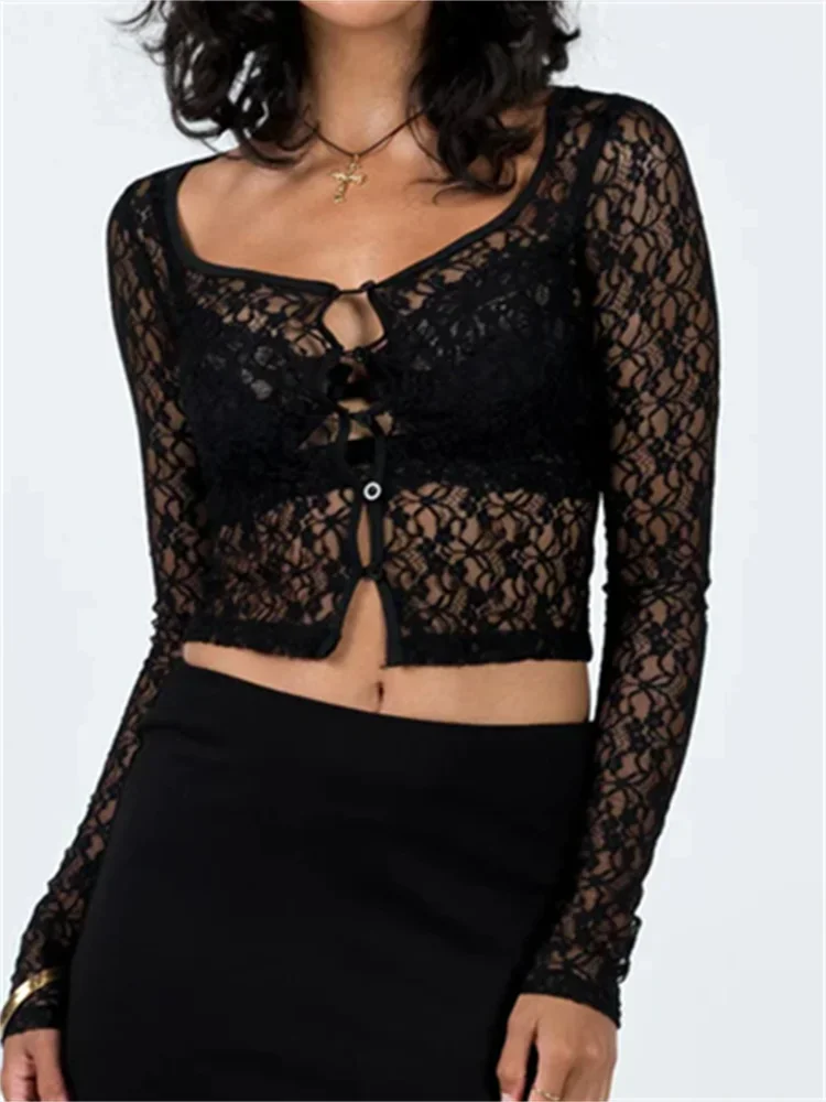 كرونستيل-تيشيرتات نسائية أنيقة شفافة من خلال الدانتيل ، سترات صوفية بأكمام طويلة ، تيشيرتات كاجوال بأزرار للأعلى ، ملابس الشارع الشهير ، الربيع ، الصيف