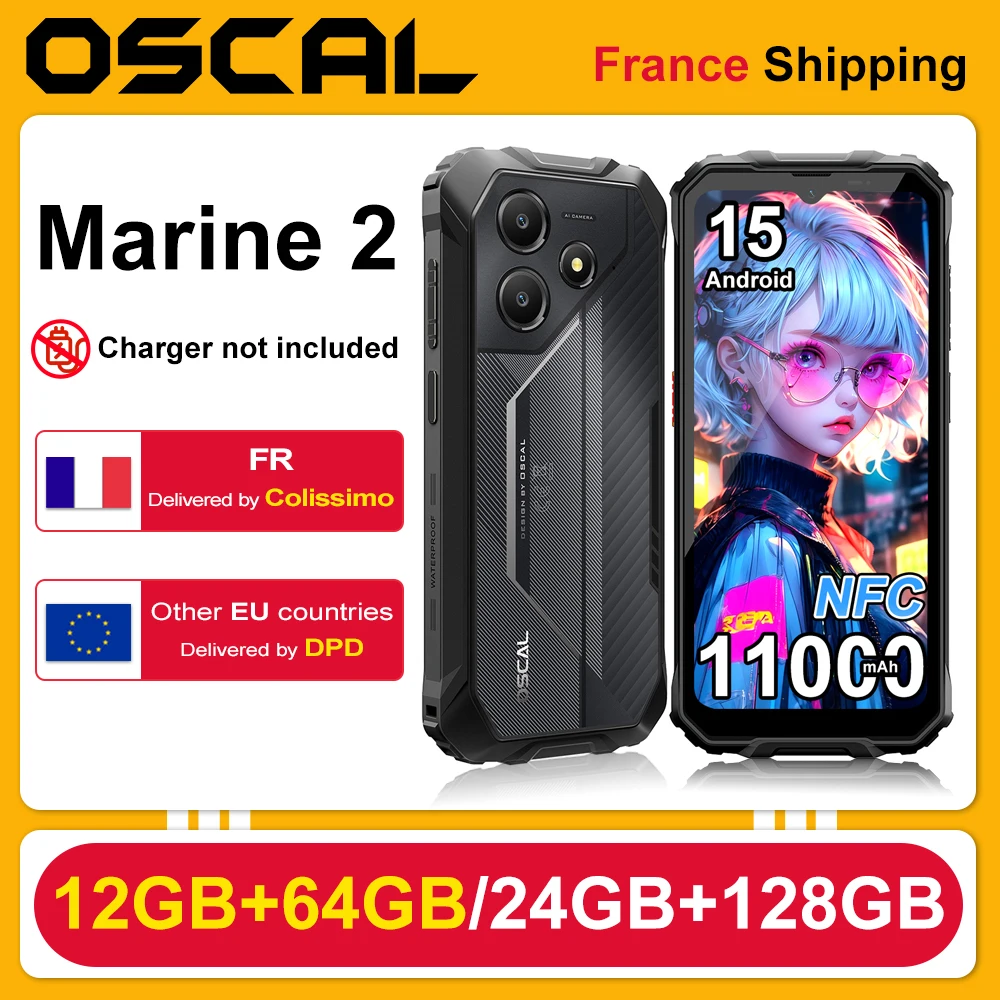 Smartphone robuste OSCAL Marine 2 11000mAh [4GB+64GB] [8GB+128GB] 6,56 pouces 8MP+16MP Android 15 NFC/GPS Téléphone portable 18W 90Hz