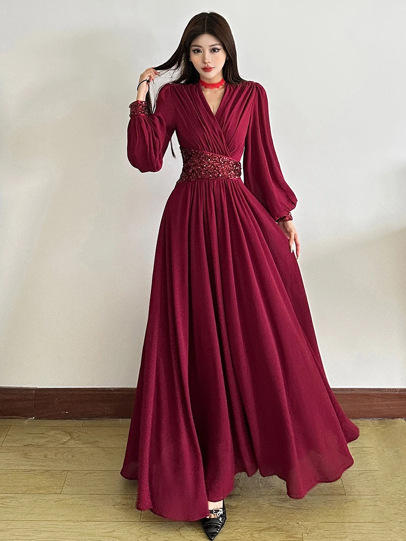 تنورة WEIRD PUSS النسائية الفنية الطويلة Sve Dr Deep V Ne تنورة التخسيس iny الترتر الخصر Cinched Faionable Dr #1