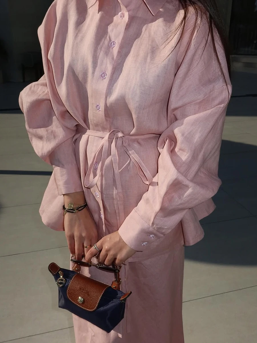 

Pink Loose Long Skirts 2 Piece Sets Women Single Breasted Long Sleeve Lace-up Blouse Summer New Simple Fashion Casual Skirt Set