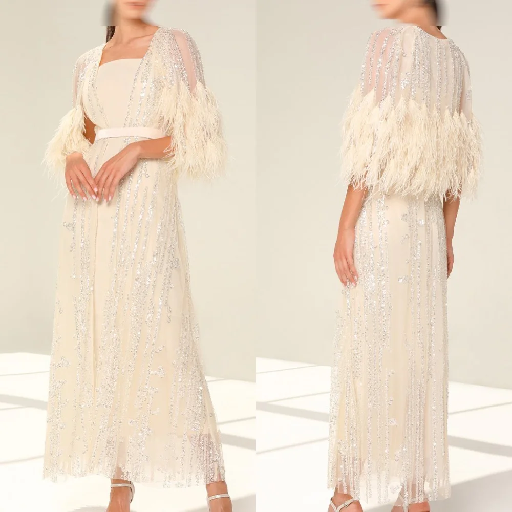 

Customized Delicate Ivory White Jersey Evening Dress Temperament Square Collar Half Sleeves Celebrity Gowns Exquisite Prom Dress