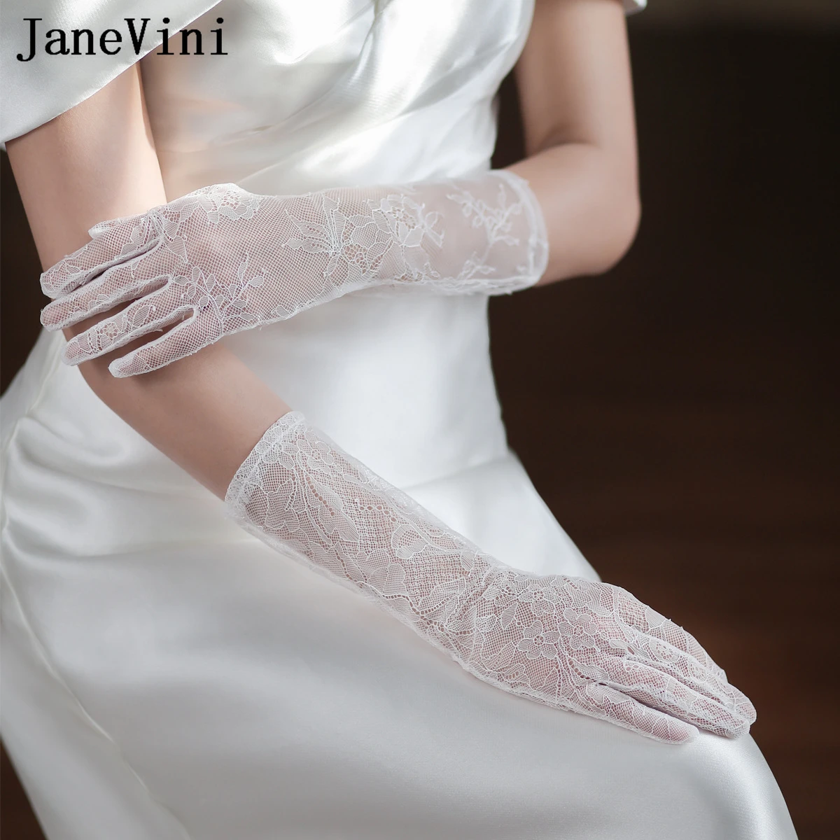 JaneVini Vintage Sheer Lace Wedding Long Gloves Floral Full Finger 36cm Fancy Party Bride Gloves for Women Bridal Accessories