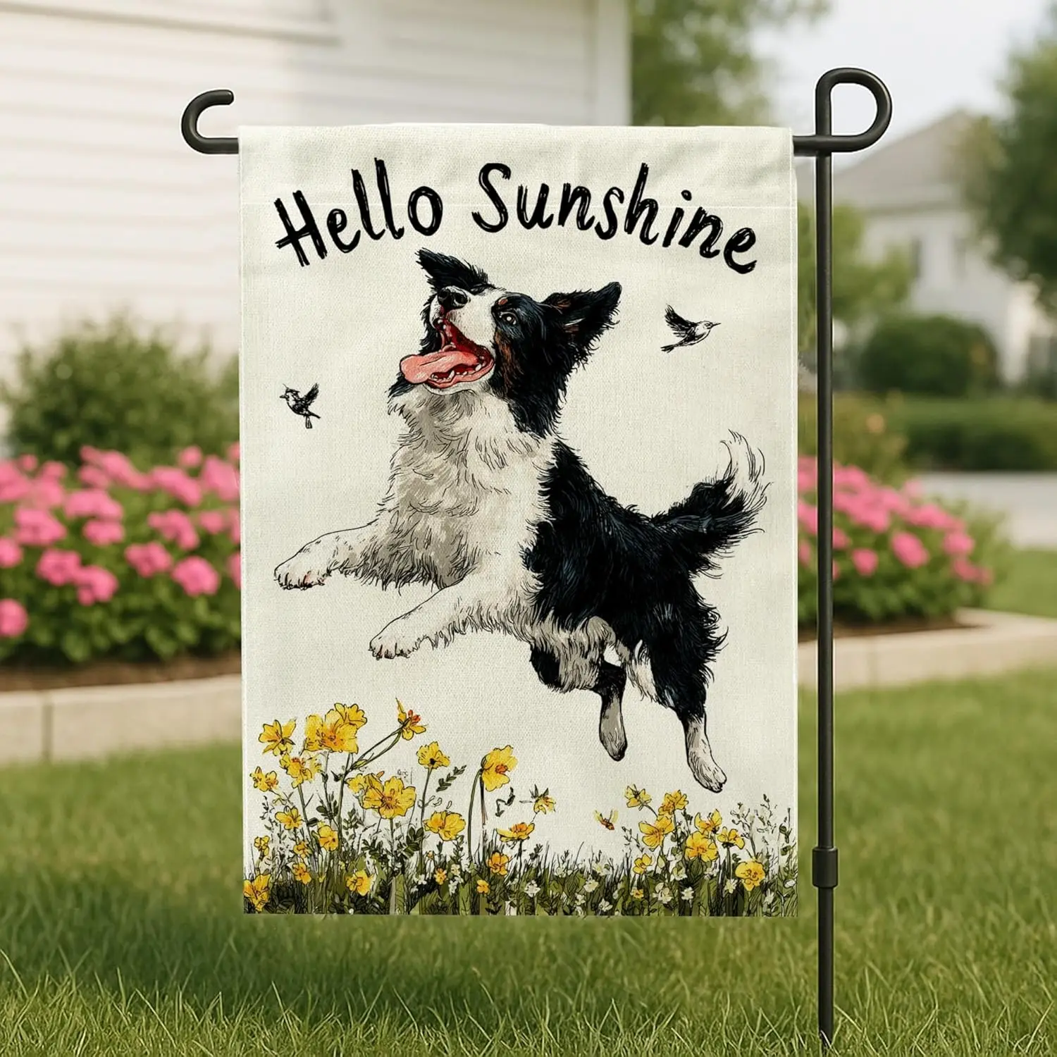 Hello Sunshine Dog Garden Flag, Black White Border Collie Flower Decor, Spring Summer Outdoor Lawn Banner, Animal Theme Yard yyi
