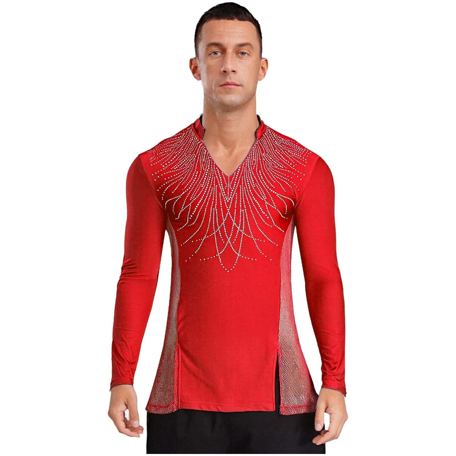 تي شيرت رجالي لامع بأحجار الراين سبليت لرقص الباليه وقاعة رقص التانغو والسالسا رومبا زي أداء الرقص اللاتيني