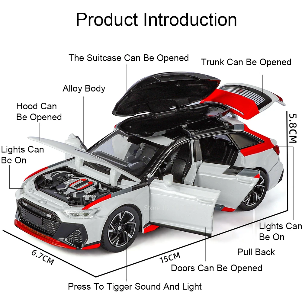 1:32 RS6 R8 V10 Plus سيارة مصغرة سبيكة دييكاست لعبة مجسمة 6 أبواب مفتوحة ضوء الصوت التراجع نماذج السيارات طفل هدية الكريسماس