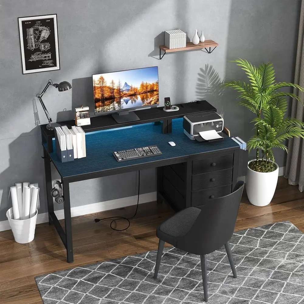 Gaming Desk with LED Lights and Power Outlets, 47 inch Computer Desk with Fabric Drawers, Reversible Home Office Desk with Monit