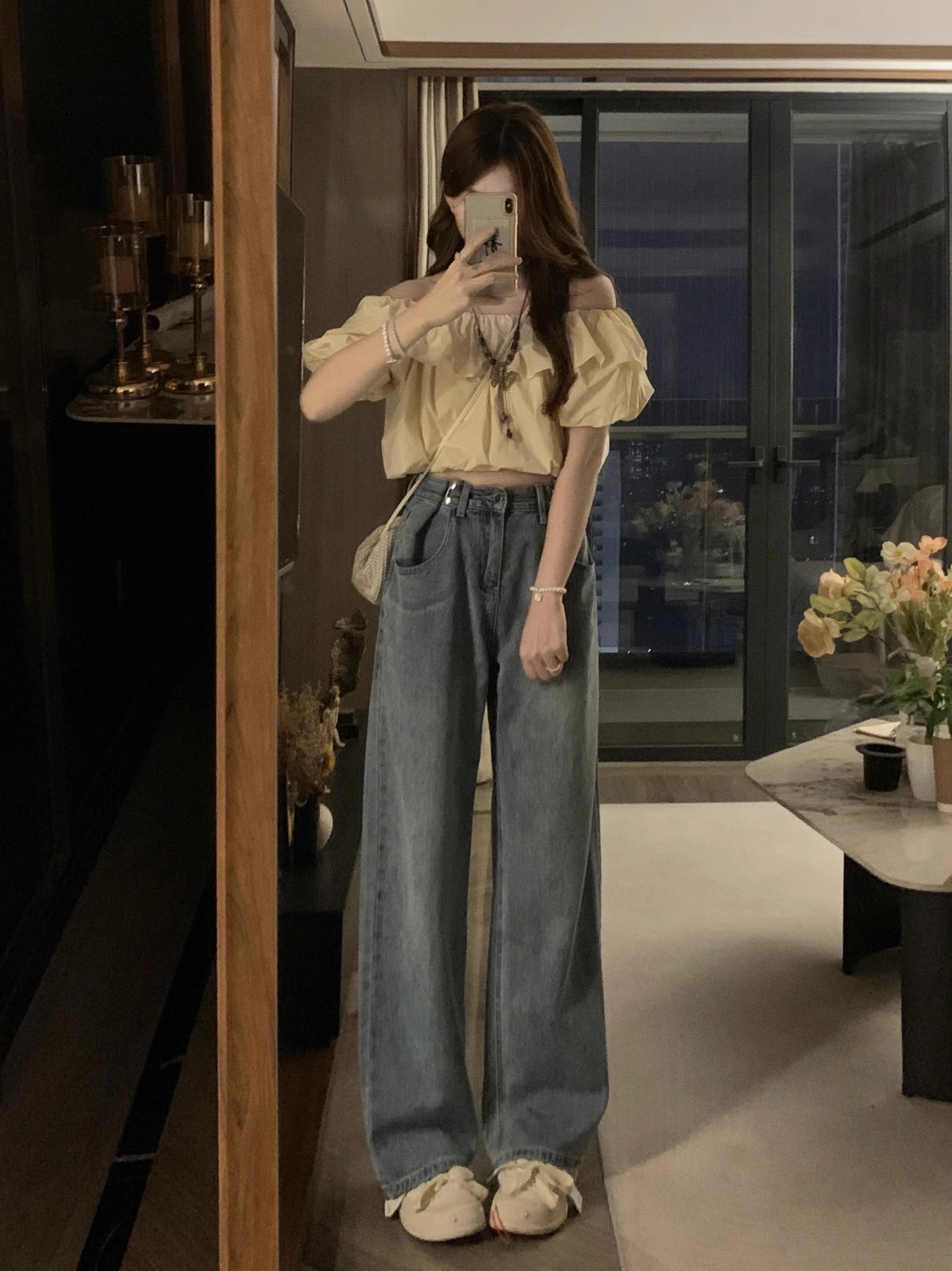 Damskie jeansy z wysokim stanem i szerokimi nogawkami, luźne, proste, w stylu koreańskim, plus size, wyszczuplające sylwetkę typu gruszka, spodnie na wiosnę i jesień.