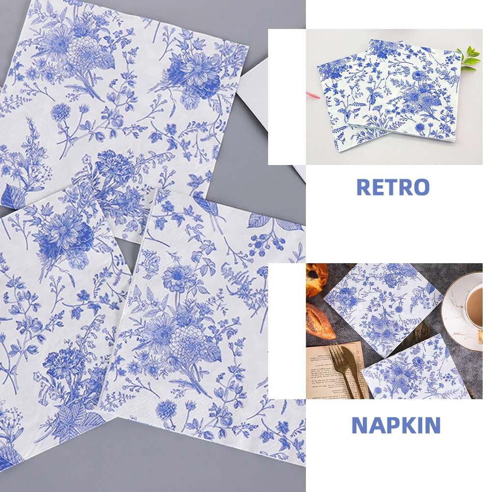 100 Pcs Retro Blue and White Porcelain Table Napkins Vintage Floral Household Paper Dinner Coffee Flower Bride Banquet Toilet