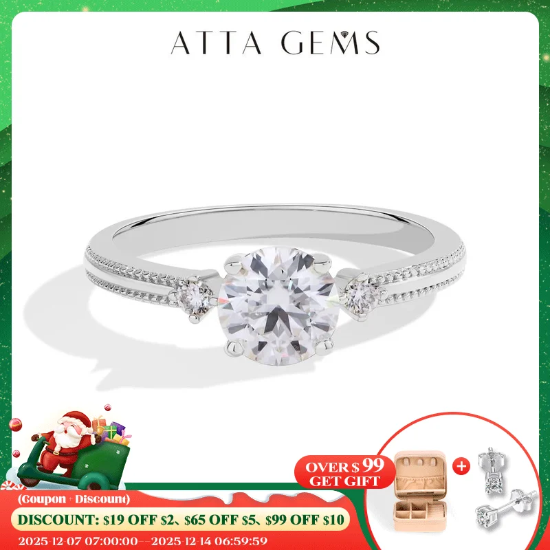 

ATTAGEMS 1CT 6.5mm Round Cut Moissanite Ring for Women 925 Silver 18K Gold Plated Bead Edge Design Engagement Party Jewelry Gift