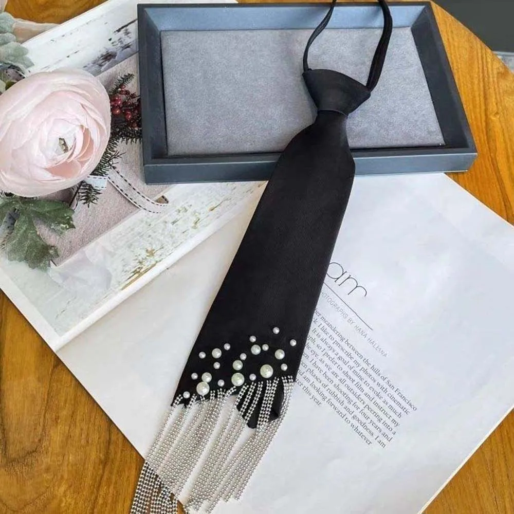 Korean Style Pearls Tie Tassels Black Hand-beaded Long Necktie Necklace Academic Style Decoration Shirt Tie