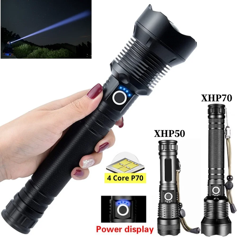 Super Bright 4 Core P70 LED Flashlight USB Rechargeable Zoomable Torch with Battery Display for Adventure Hiking Camping Hunting