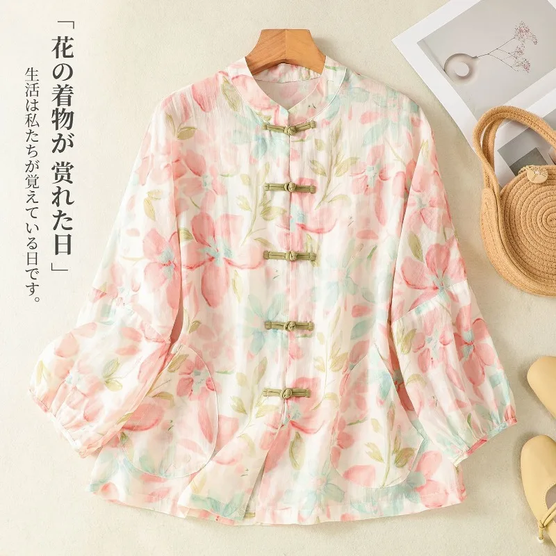 

Women's Chinese Style Floral Print Cotton Linen Blouse Mandarin Collar Frog Button 3/4 Sleeve Casual Tea Wear Top