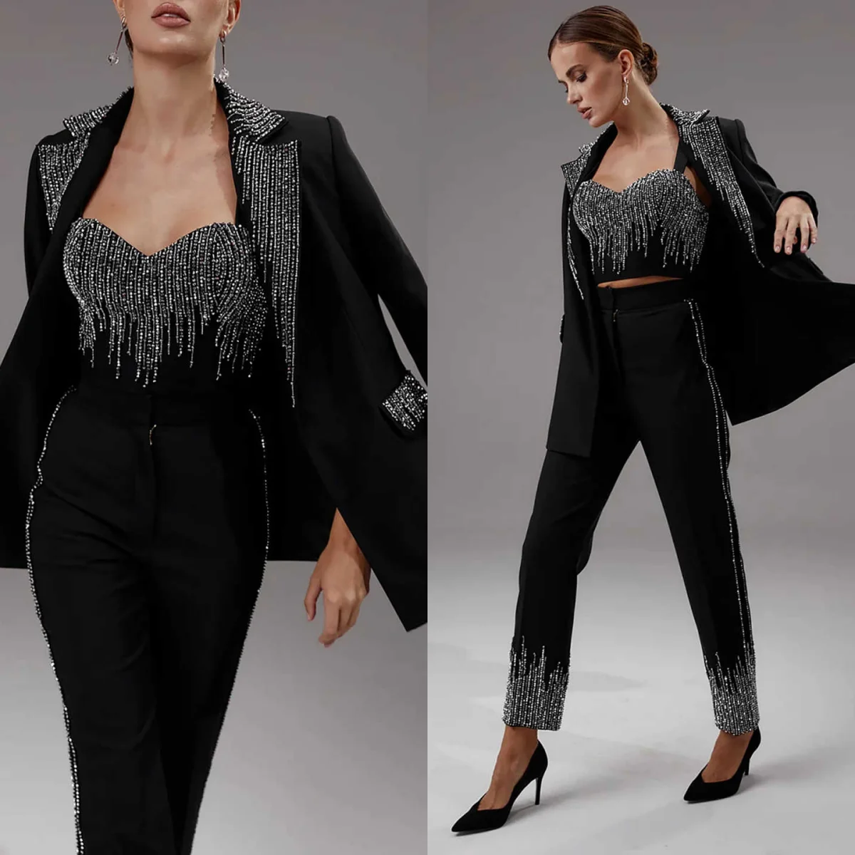 

Exquisite Women Suits 3 Pieces One Button Crystals Beadeds Pants Sets Office Ladies Work Business Dinner Party Customized Wear