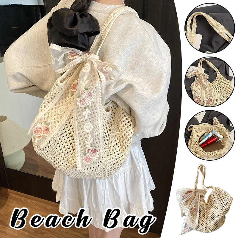 Tas Pantai Musim Panas Wanita Dompet Bahu Pita Renda Jaring Tenun Dompet Warna Polos Kapasitas Besar untuk Belanja Perjalanan Liburan