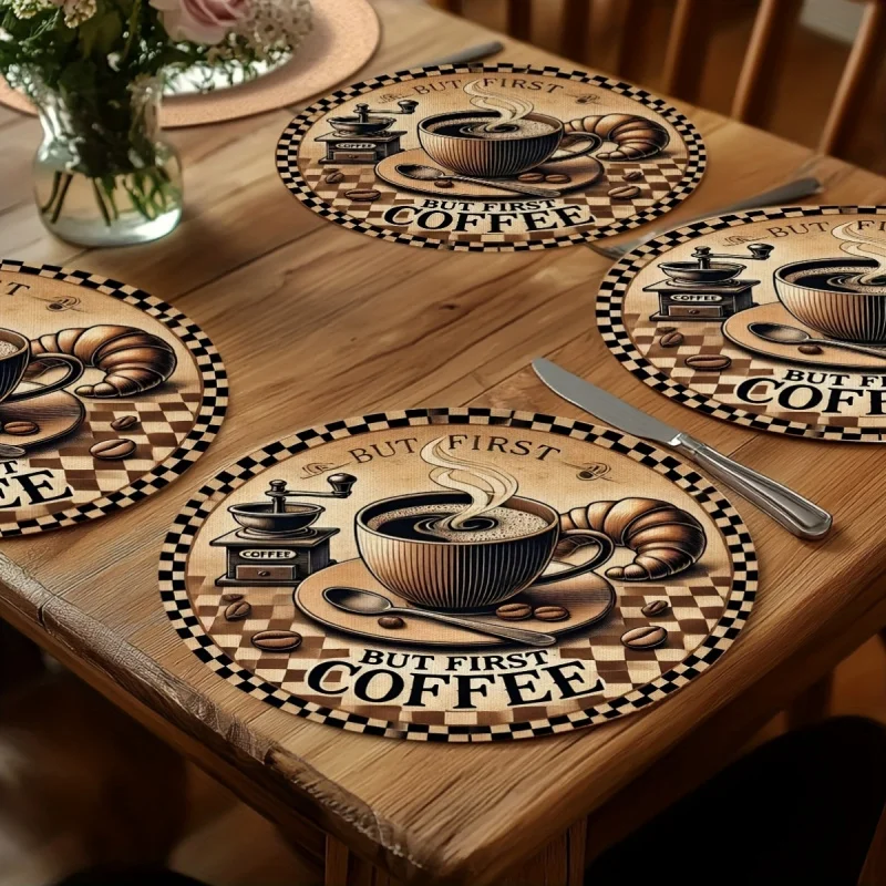 VIKAMA Runde Tischsets mit Kaffeemotiv, isolierte Esstischunterlage, Dekorationszubehör für den Esstisch in der Küche