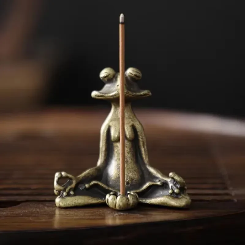 Vintage Messing Meditation Zen buddhistische Frosch Statue Schmuckstück Kupfer Tier Skulptur Räuchergefäß Home Schreibtisch Dekoration Tee Haustier