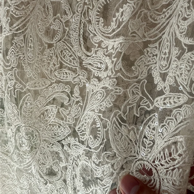 

Floral Mesh Cotton Sequined Embroidered Lace Fabric Wedding Dress Handmade DIY Cloth Sewing Material