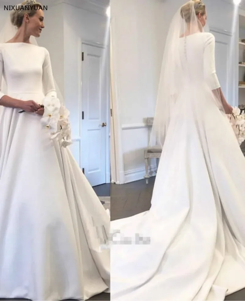 A Line Wedding Dresses With Three Quarter Sleeve New Meghan Markle Style Vintage Bateau Covered Buttons Back Bridal Customized