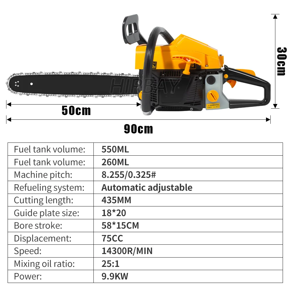 Chainsaw Professional Tree Cutting 9800W Gas Chainsaws 75CC Petrol Gasoline Chain Saw Cylinder Transparent Fuel Tank 14300R/MIN