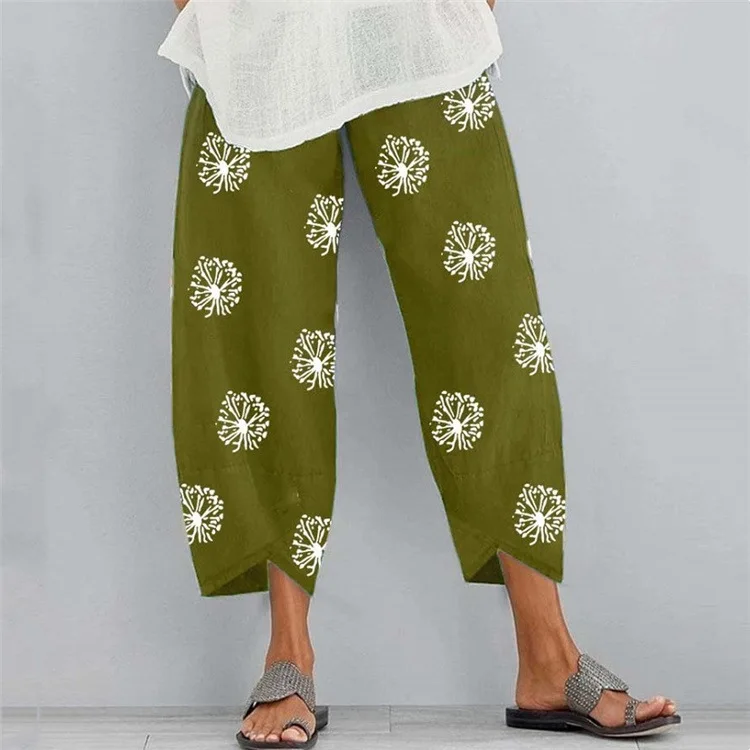 Spring Summer Women's Loose Printed Pants High Waist Cotton Linen Casual Trousers Fashionable Multi-Color Pocket Design
