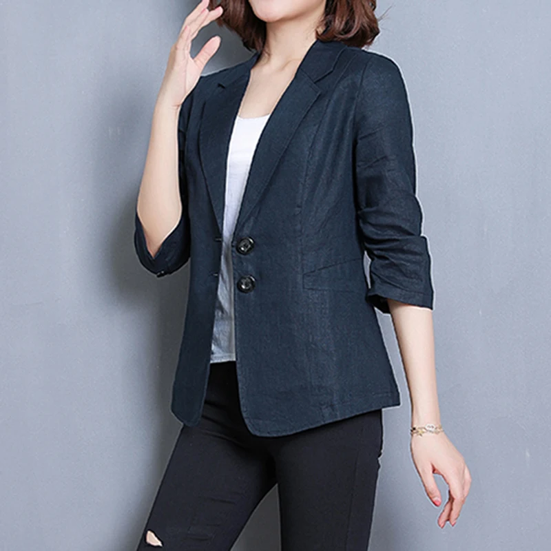 QOERLIN Notched Collar Blazer Linen Suit Jacket Women 2022 New Slim Thin Summer Cotton Linen Pocket Two Buttons Suit Office Lady