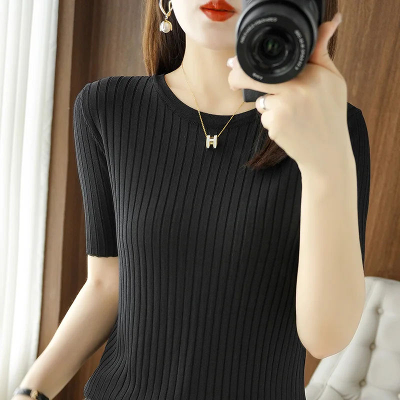 Primavera verão feminino camisola camisa de manga curta listrado undershirt macio coreano moda malha camiseta camisas de fundo coreano