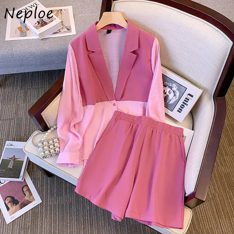 Neploe Summer Thin Long Sleeve Sun Protection Coat Women+ Y2k High Waist Loose All-match Shorts 2024 New Two Piece Sets