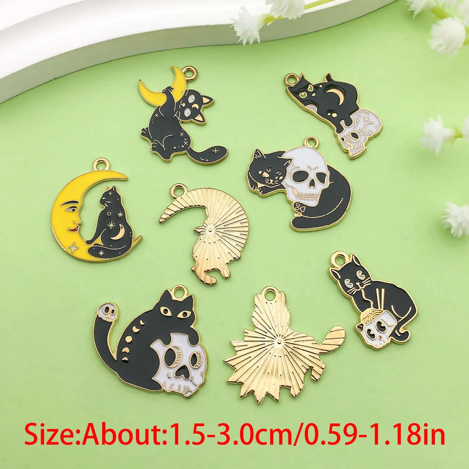 8/10pcs Enamel Skull Cat Charms Alloy Halloween Decoration Pendants for DIY Bracelet Necklace Jewelry Making Accessories
