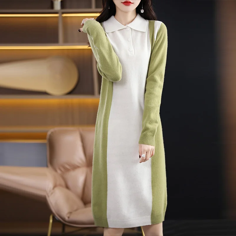 Autumn And Winter New 100% Wool Dress Feminine Long-Sleeved Loose POLO Neck Dress