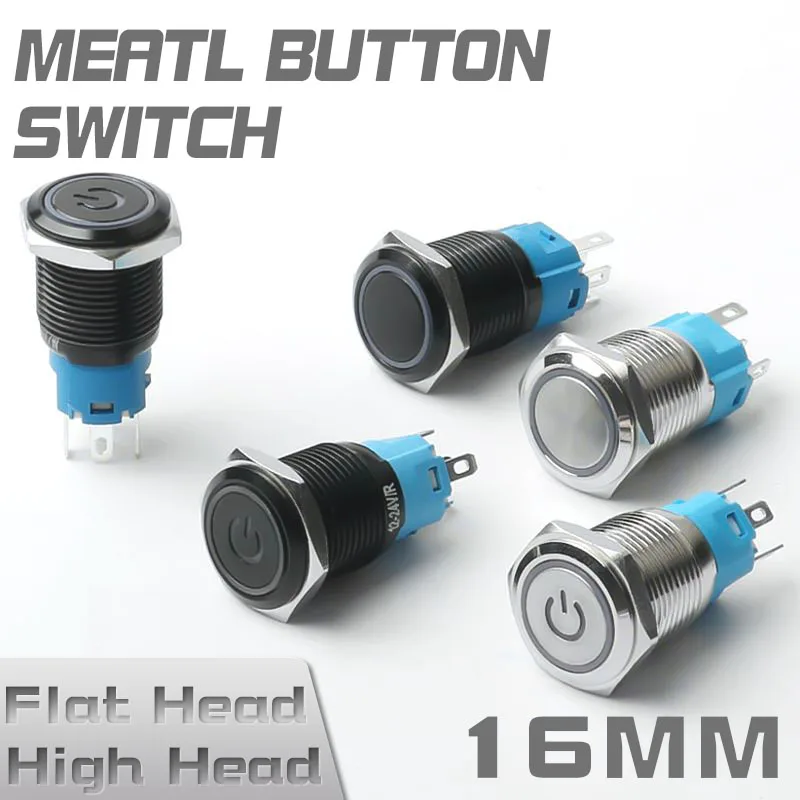 

16mm Metal Push Button Switch Black Body 5Pin Waterproof Power Symbol With LED Light Switch Momentary Latching 1NO 1NC 6V 12V