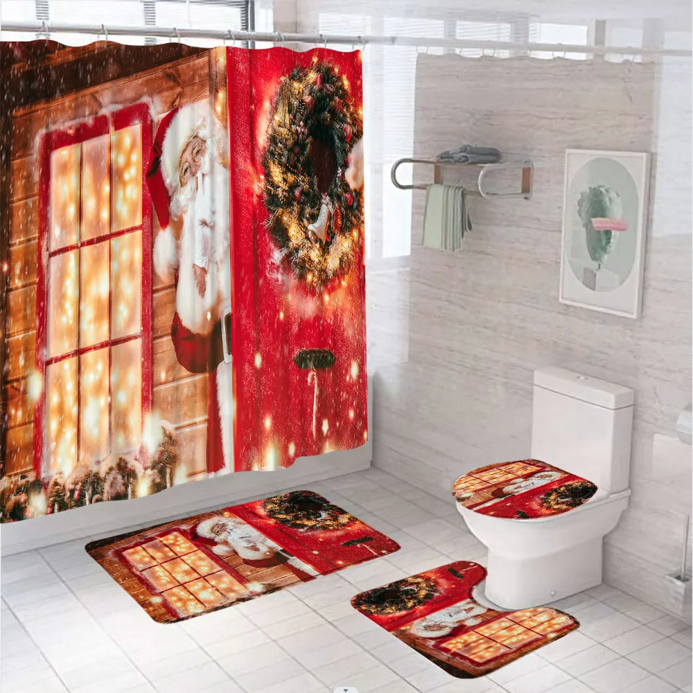 4Pcs Funny Santa Claus Christmas Shower Curtain Sets Xmas Winter Snowflake Bathroom Curtains Non-Slip Bath Mat Rug Toilet Cover