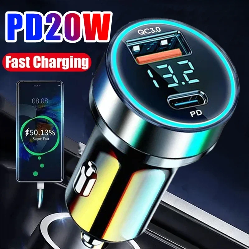 Universal PD USB 3.0 Car Charger Super Fast Charging Adapter Type C USB Digital Display Car Charger for iPhone Samsung Mi Huawei