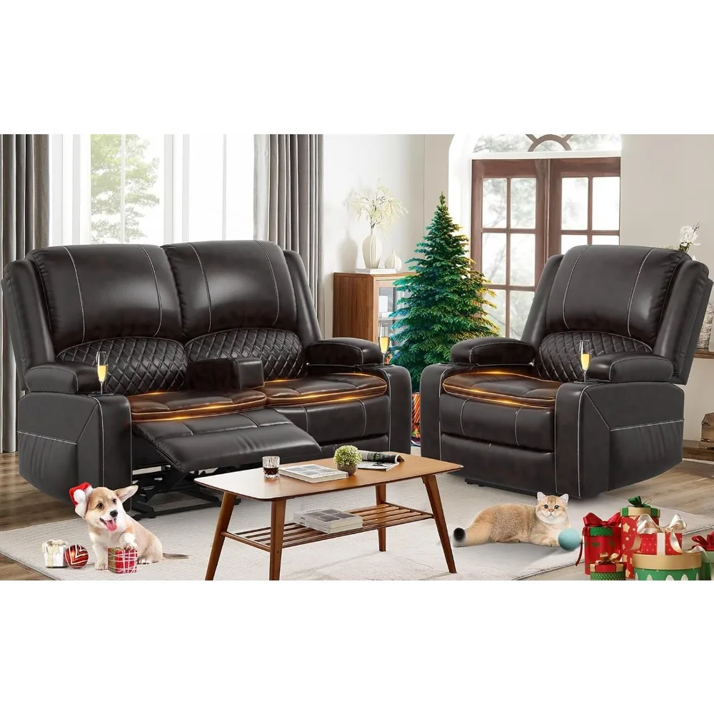 Recliner Sofa Set with 2-Tier Cushion, 2+1 Pieces in Living Room, 2 Seater Reclining Loveseat Leather with Removable Console