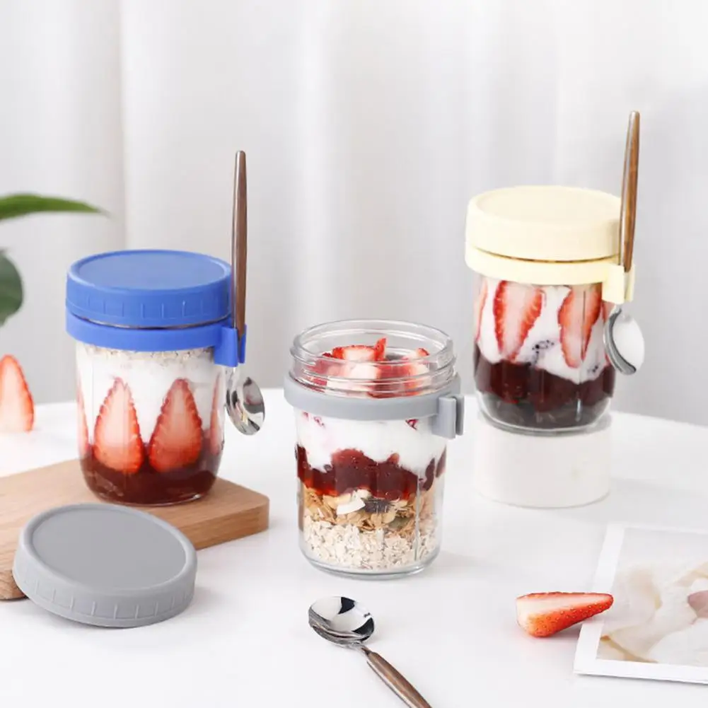 2Pcs Portable Oatmeal Breakfast Cups with Spoon Transparent Clear Scale Glass Airtight Oatmeal Jar Large Diameter Cereal Bowls