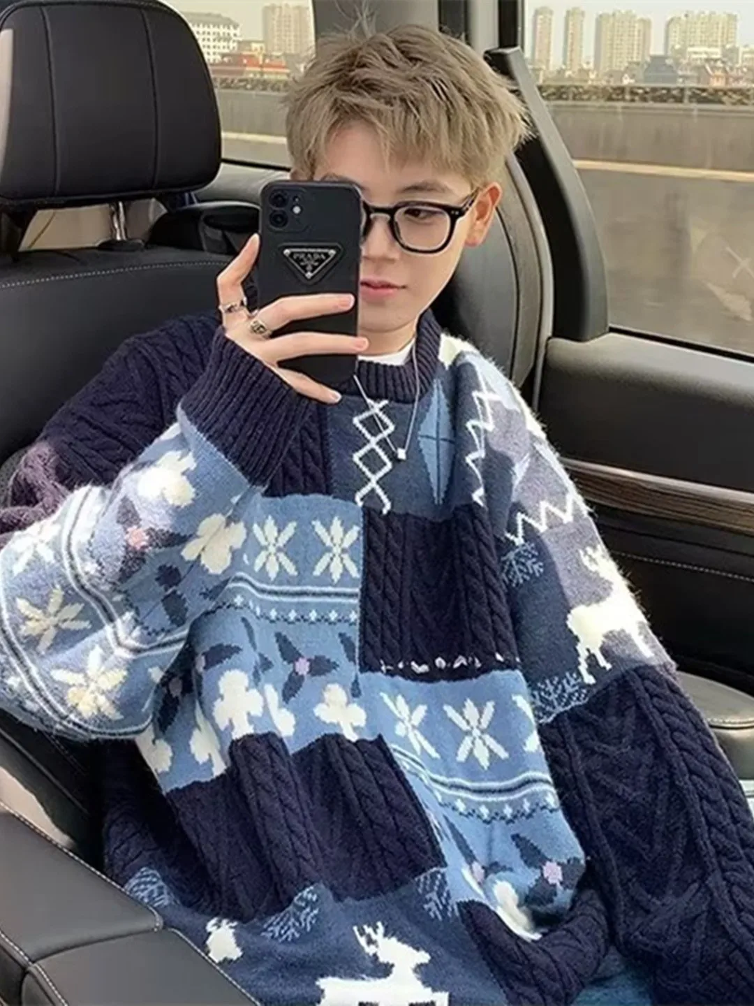 

Гонконг Sle fiti сращивание свободный вязаный свитер мужской зимний шерстяной модный винтажный круглый трикотаж Ne