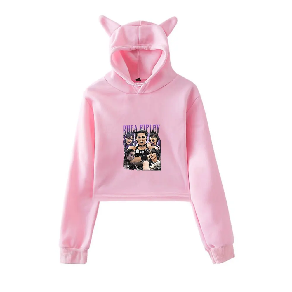 

Rhea Ripley Merch винтажная уличная одежда 90-х годов с логотипом, толстовки с капюшоном для девочек, укороченный модный спортивный пуловер с кошачьими ушками
