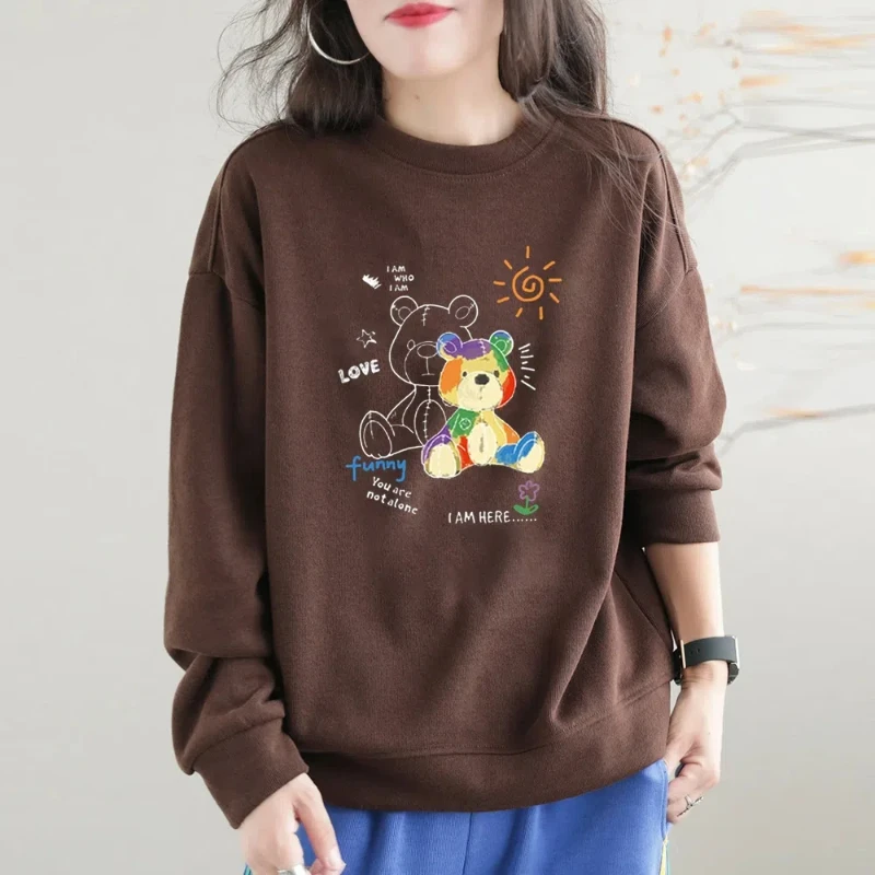 Pullover Letter Cartoon Printing Crew Neck Women\'s Clothing Hoodies Lantern Long Sleeve Loose Comfortable Spring Autumn Tops