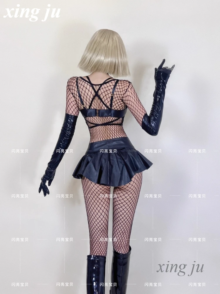 Nuevo disfraz de actuación de chica novedosa para discoteca, baile en barra, mono calado de malla negra Sexy, trajes de bailarina de escenario DJ para cantante femenina
