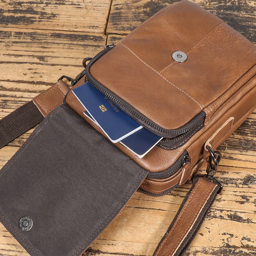 Vintage Men's Leather Crossbody Bag - Genuine Top Grain Cowhide Waist Fanny Pack, Handcrafted Retro Shoulder Phone Pouch