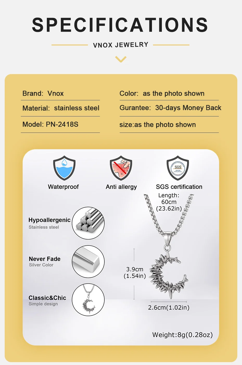 Vnox Spine Moon Anhänger-Halskette für Männer, Edelstahl-Halskette mit gotischem Spitzhalbmond, Hip-Hop-Punk-Schmuck, Geschenk für Geburtstagsfeiern – Detail 4