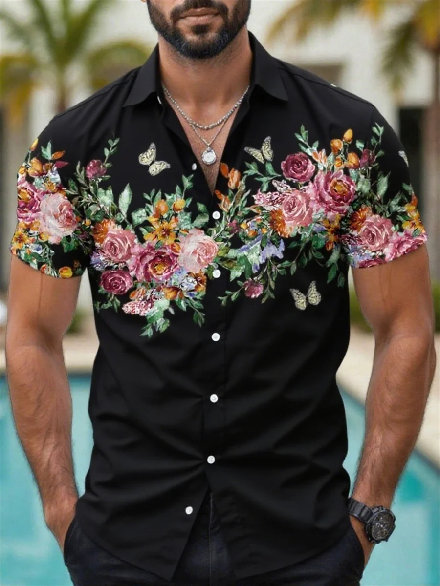2025 new men's shirt Hawaiian shirt, pure color flower print short sleeve beach casual style summer vacation party top
