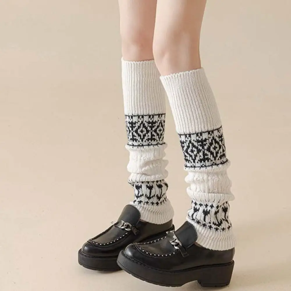 

Patchwork Maillard Leg Warmer Thicken Lolita Knitted Leg Covers Footcover Pile Up Hosiery Retro Lattice Stockings Fall Winter