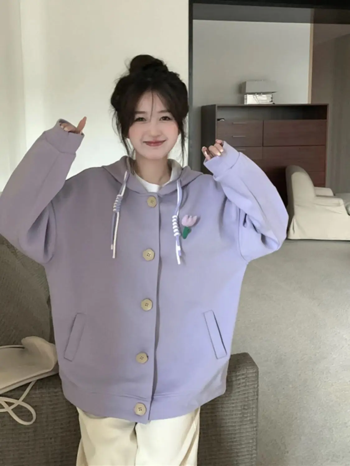 

Onalippa 2021, японская милая фиолетовая толстовка с капюшоном, легкий осенне-зимний кардиган большого размера, Instagram Aesthetic