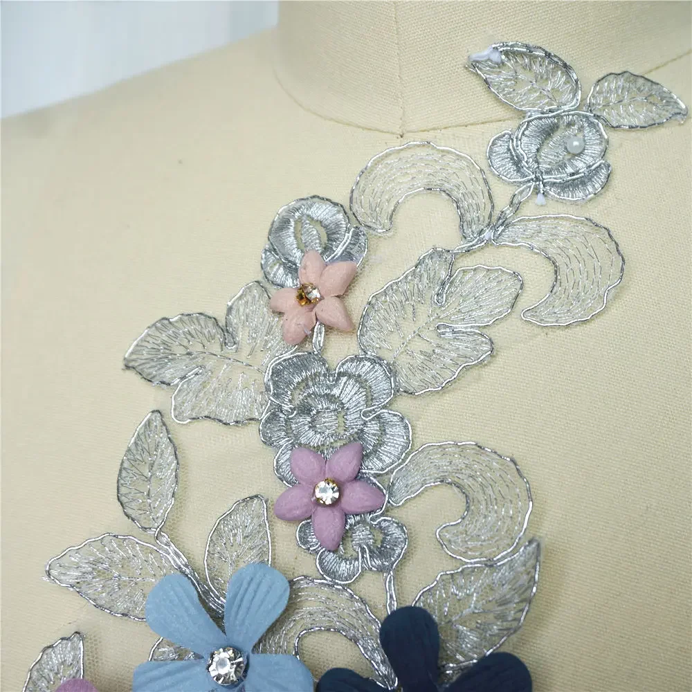 Grey Pink 3D Flowers Beads Rhinestone Lace Fabric Embroidered Wedding Gown Appliques Sew Patch For Dress DIY Decoration