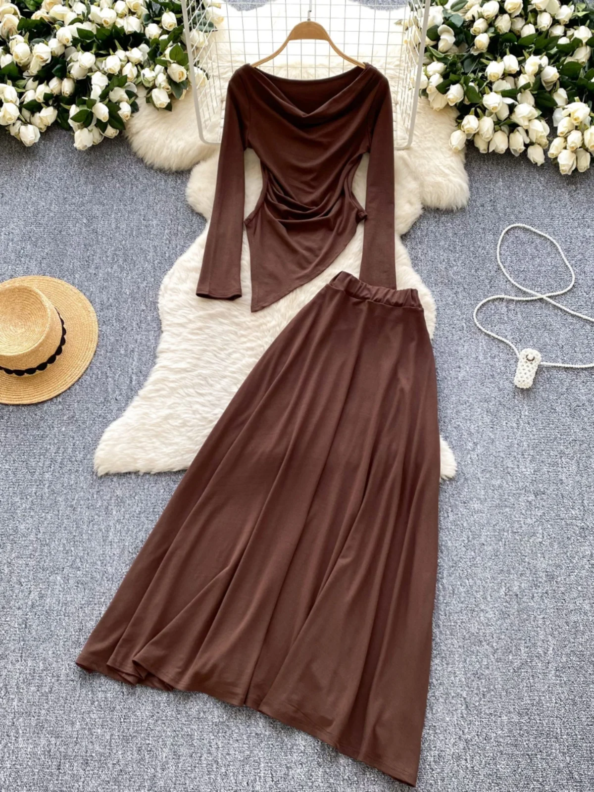 

Minimalist Pure Color Lady Suit Women's Spring Swing Collar Irregular Long Sleeve T-Shirt High Waist Midi Skirt Set