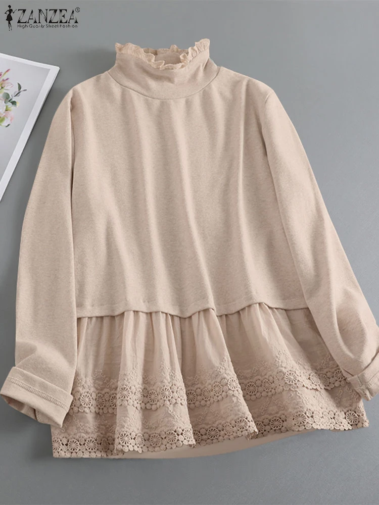 ZANZEA Women Long Sleeve Sweater 2024 Autumn Casual Loose Stand Collar Top Fashion Knitted Pullover Elegant Lace Splicing Jumper