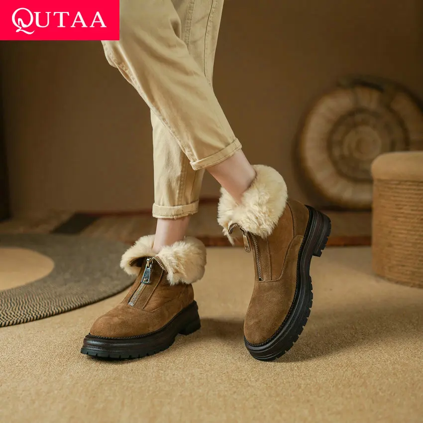 QUTAA 2024 Women Ankle Boots Winter Cow Suede Leather Round Toe Zipper Warm Wool Snow Boots Casual Office Lady Shoes Size 34-39