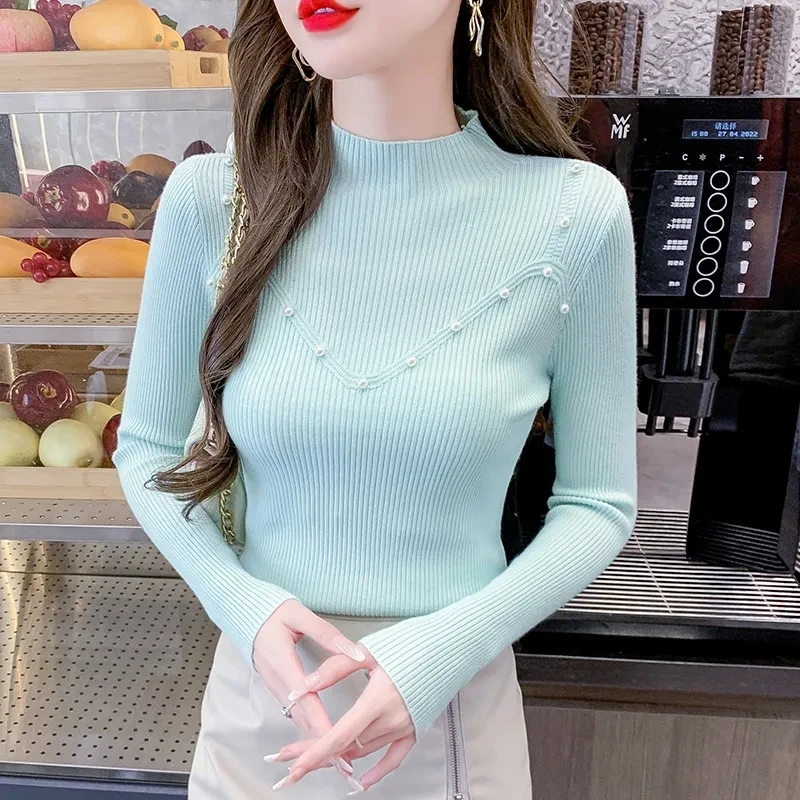 

2023 Autumn Basic Bottoming Sweater Half Turtleneck Women Ribbed Soft Mock Neck Elastic Pullover Warm Solid Color Slim Jumper