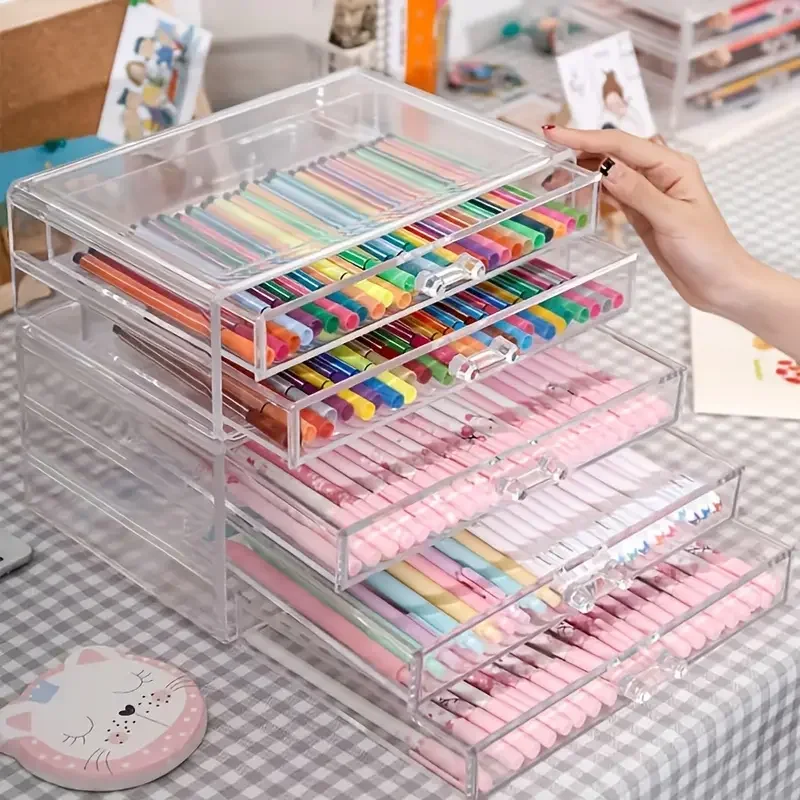 Large 5-layer Transparent Acrylic Desktop Storage Box Stationery Organizer Pen Holder Multifunction Organizers Desk Accessories